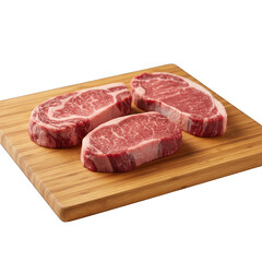 Obraz premium Three ribeye steaks on a wooden cutting board. Fresh, raw, and ready to cook. Rich, marbled meat. Natural light