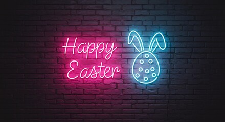 Vibrant Neon Sign "Happy Easter" with Bunny Egg Icon on Dark Brick Wall Background
