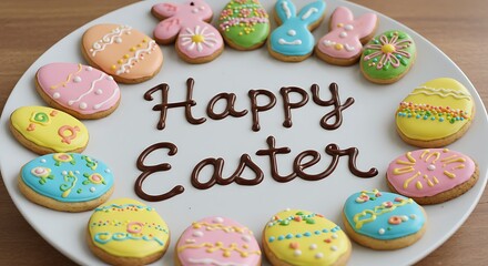Delicious "Happy Easter" Decorated Cookies Arranged on a White Plate for Holiday Celebration