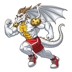 Muscular dragon character running in athletic gear