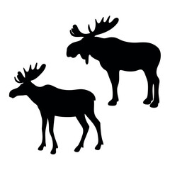 Silhouettes of two moose one larger and one smaller against a white background