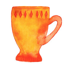 A colorful mug with a retro-style watercolor painting. Hand-painted ceramic dishes. Multicolored dishes on a white background.