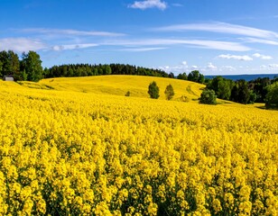 Expansive field of vibrant yellow flowers under a clear blue sky