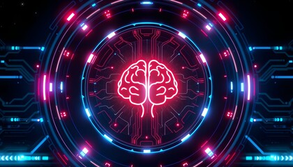 Abstract digital illustration of a glowing red brain icon within a futuristic circular interface with circuit board patterns and neon lights.