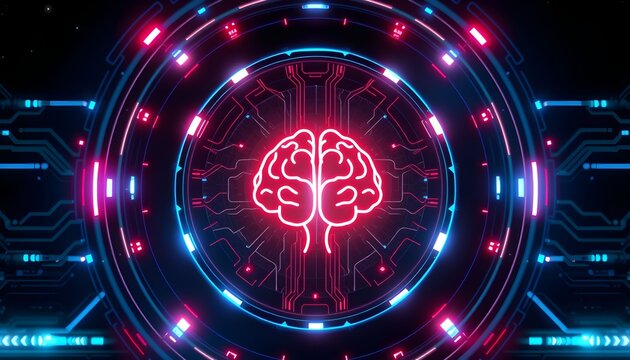 Abstract digital illustration of a glowing red brain icon within a futuristic circular interface with circuit board patterns and neon lights.