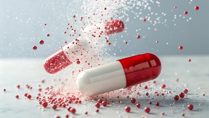 Red and white capsules exploding with powder