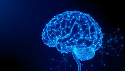 A glowing blue digital brain composed of a complex network of interconnected nodes and lines.