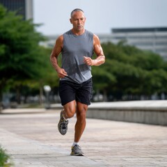 Running action by a male athlete in an urban park setting captured in a dynamic perspective for fitness enthusiasts