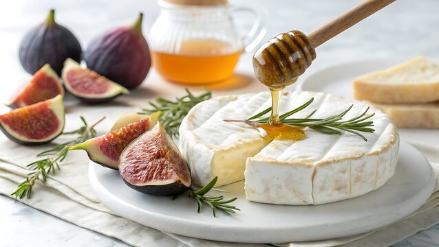 Honey drizzled camembert cheese with figs and rosemary