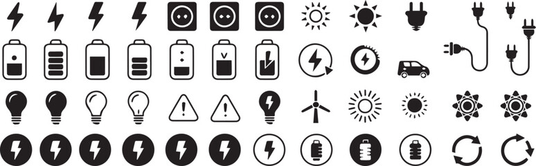 electricity energy icon set black and white power symbols vector lightning plug battery solar wind turbine recycling