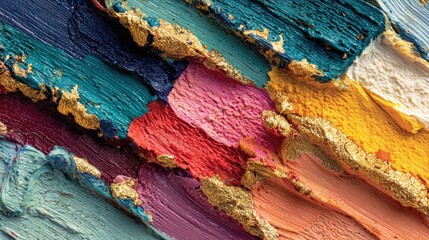 Vibrant Abstract Painting Texture with Gold Leaf and Colorful Strokes