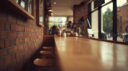 Empty venue suitable for F&B industry, with basic finish like wooden counter and brick wall, good lighting, versatile for conversion