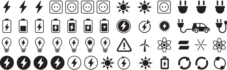 renewable energy icon pack set sustainable power symbols black and white solar wind battery plug outlet turbine atom