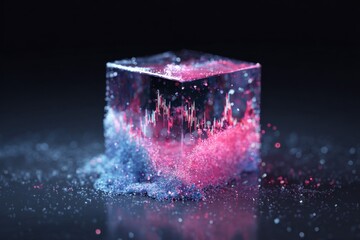 Glowing transparent cube containing complex financial data