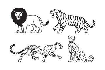 Four majestic big cats in detailed line art style
