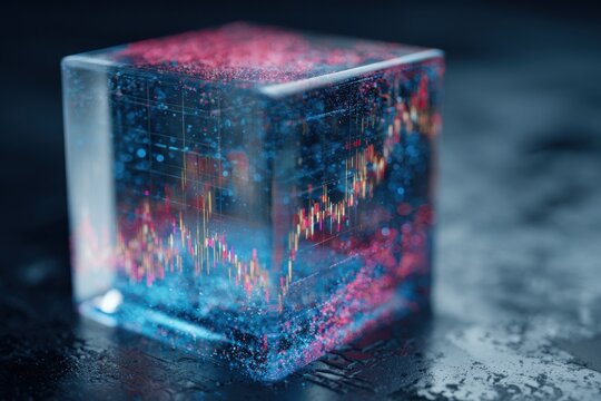 Glowing transparent cube containing complex financial data