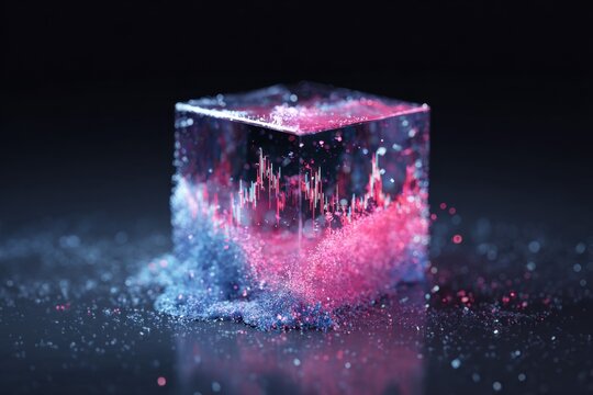 Glowing transparent cube containing complex financial data
