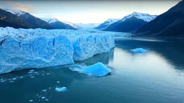 The edge of a vast glacier meets a tranquil fjord, with ice slowly breaking off into the water in a serene coastal timelapse climate, mountain, arctic