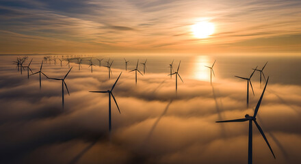 Obraz premium Wind turbines rising above the fog at sunrise generating clean energy