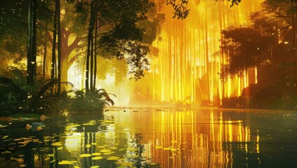 Serene landscape painting of a tranquil pond reflecting the golden light filtering through a dense forest of tall, slender trees, creating a mystical atmosphere