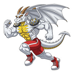 Muscular dragon character running in athletic gear