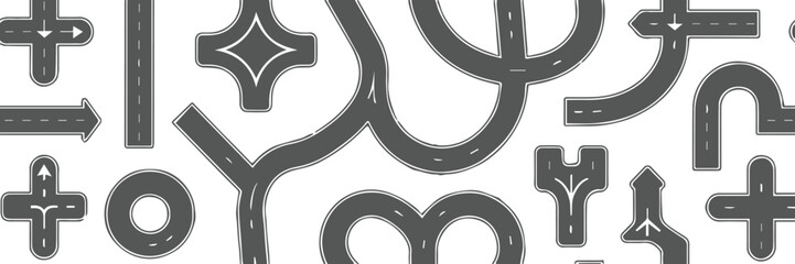 dark grey seamless road network pattern with intersections curves roundabouts and arrows vector background