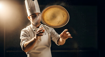 
A chef tossing pizza dough into the air with flour particles floating around, captured in dramatic lighting against a dark background, showcasing motion, texture, and culinary artistry.
