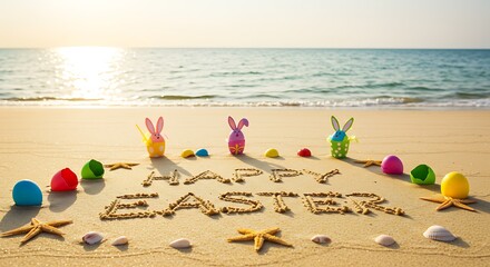 "Happy Easter" Written in Sand with Colorful Eggs, Bunny Figurines, and Starfish on a Sunny Beach