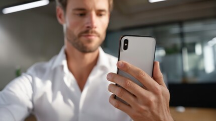Man using smartphone in modern office technology action urban environment professional viewpoint digital communication