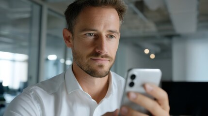 Business professional engaged with smartphone in modern office environment close-up perspective technology concept