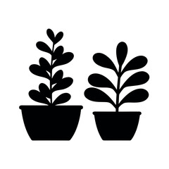 Two silhouetted potted plants with simple leafy stems on a white background