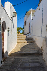 Beautiful old staircase and whitewashed walls of Lindos, Rhodes, Greece