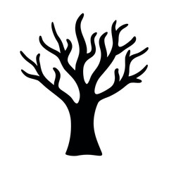 Silhouette of a bare deciduous tree with intricate branching patterns against a white background
