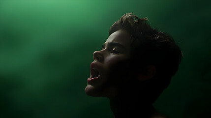 Close Up Portrait Of Woman With Intense Expression Against Dark Green Background