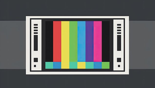 Static screen. TV displays SMPTE color bars. No signal. Studio wall in the background
