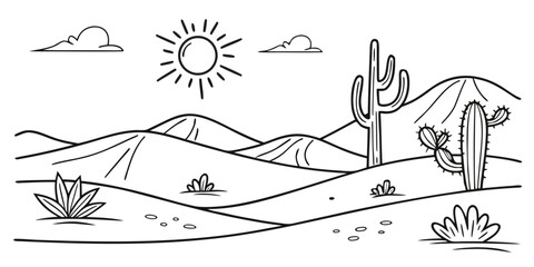 Vibrant desert landscape with sun, cacti, and rolling hills captures the essence of arid beauty and adventure
