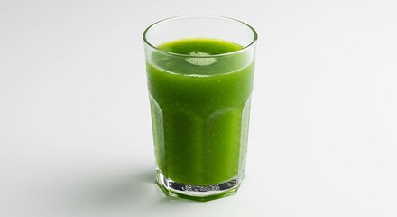 明るい光が差し込む清潔感あふれる白い空間に置かれた背の高いグラスに注がれた鮮やかな緑色のフレッシュジュース 飲むたびに体中に広がるような健康と活力を感じさせる自然の恵み. AI Generated