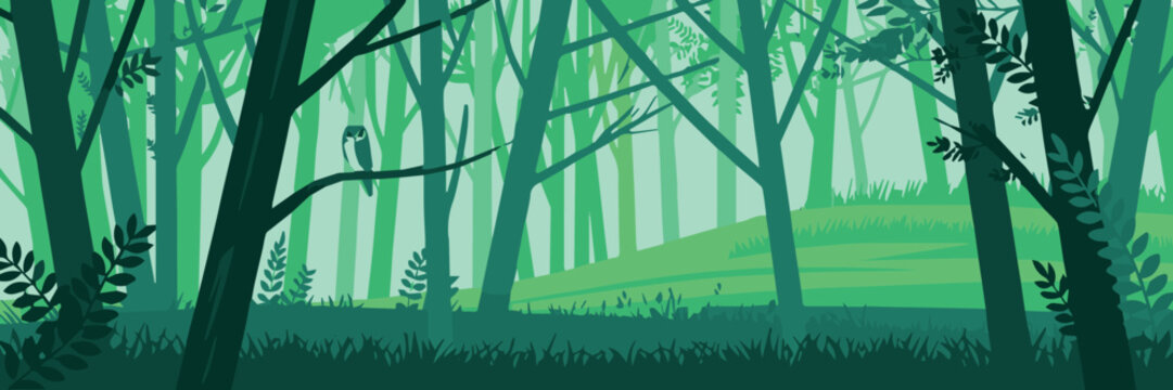 serene forest wildlife illustration with owl and squirrel in lush green scenery