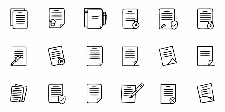Professional business document icons featuring contracts approvals signatures and financial transactions in a clean hand drawn style for modern design