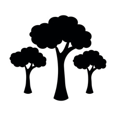 Silhouette of three deciduous trees with full canopies against a white background