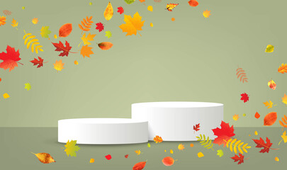 Autumn Poster And Podium And Colorful Leaves
