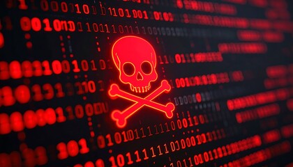 Digital skull graphic on binary code background (1)