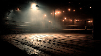 A wooden floor for fight stage with spot light at the top of stage.
