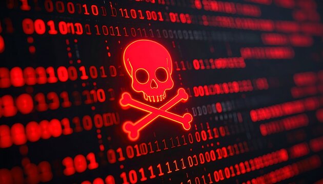 Digital skull graphic on binary code background (1)