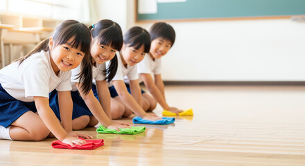 Fototapeta premium 雑巾がけ（小学校で掃除をする子ども）