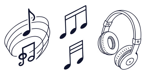 Dynamic music notes and modern headphones illustration evoking creativity and auditory enjoyment for media projects