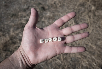 The word "Peace" held in the palm of a man. The fragility of peace - concept.