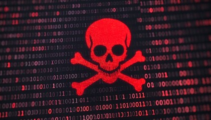 Digital skull warning on binary code background