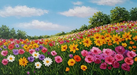 明るい青空と白い雲の下きらめく陽光を浴びて咲き誇る色とりどりの野花が描かれた絵画のような豊かで美しい春の情景. AI Generated