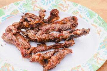close-up overhead shot of several pieces of cooked, grilled, or fried meat served on a plate